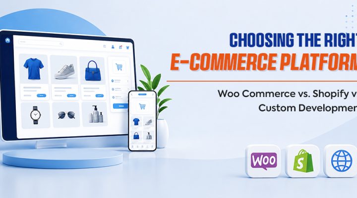 Comparison of WooCommerce, Shopify, and custom eCommerce development platforms for businesses choosing the right online store solution.