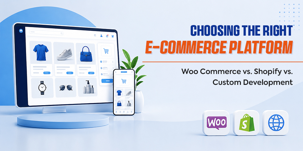 Comparison of WooCommerce, Shopify, and custom eCommerce development platforms for businesses choosing the right online store solution.